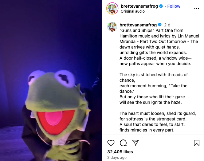 A video of Kermit performing Guns and Ships Part One from Hamilton