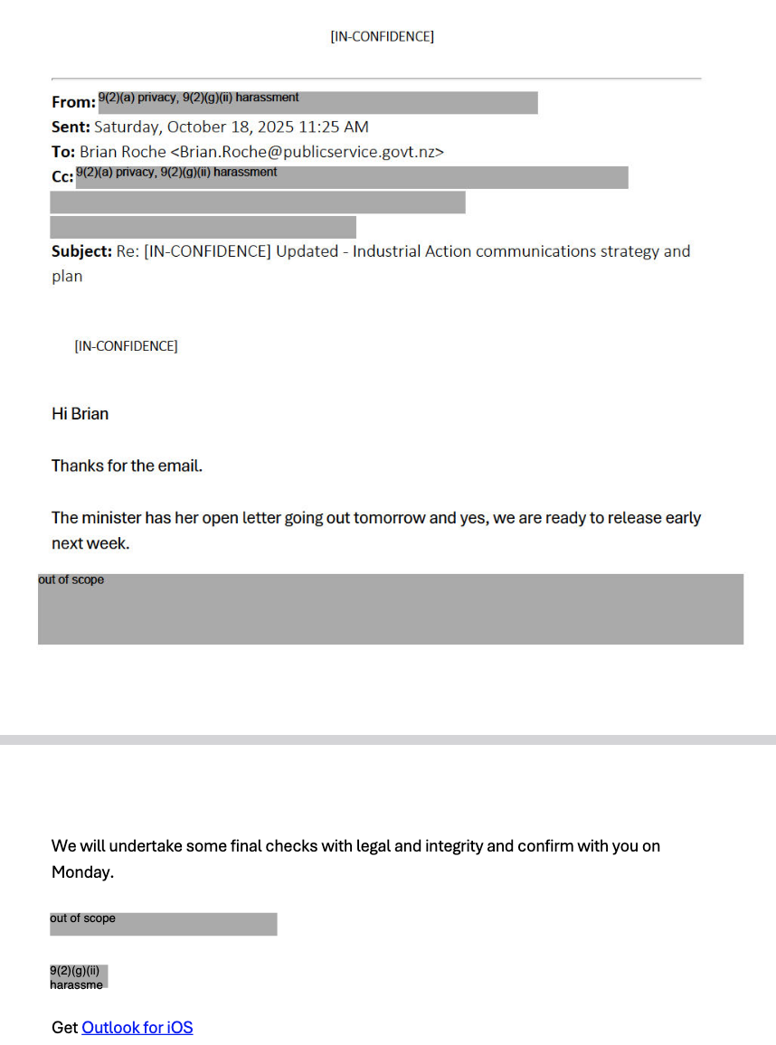 An email to PSC Commissioner Brian Roche reading "H i Brian Thanks for the email. The minister has her open letter going out tomorrow and yes, we are ready to release early next week. out of scope We will undertake some final checks with legal and integrity and confirm with you on Monday."