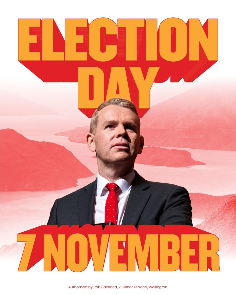 a Mamdani rip-off poster that reads "ELECTION DAY 7 NOVEMBER" featuring a photo of Chris Hipkins looking like he's just been clouted in the face with a sizeable fish