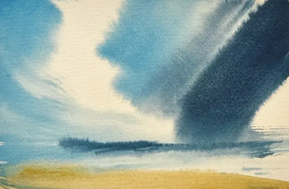  watercolour image of a beach under a bright but stormy sky, painted by Josh Drummond